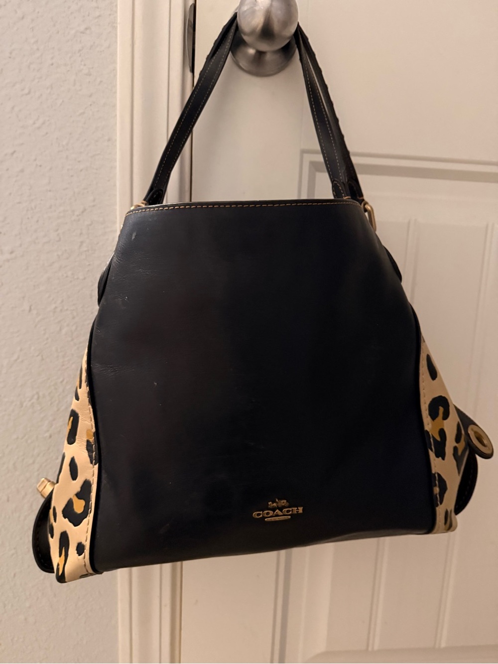Coach Black Leather Shoulder Bag with Leopard Panels